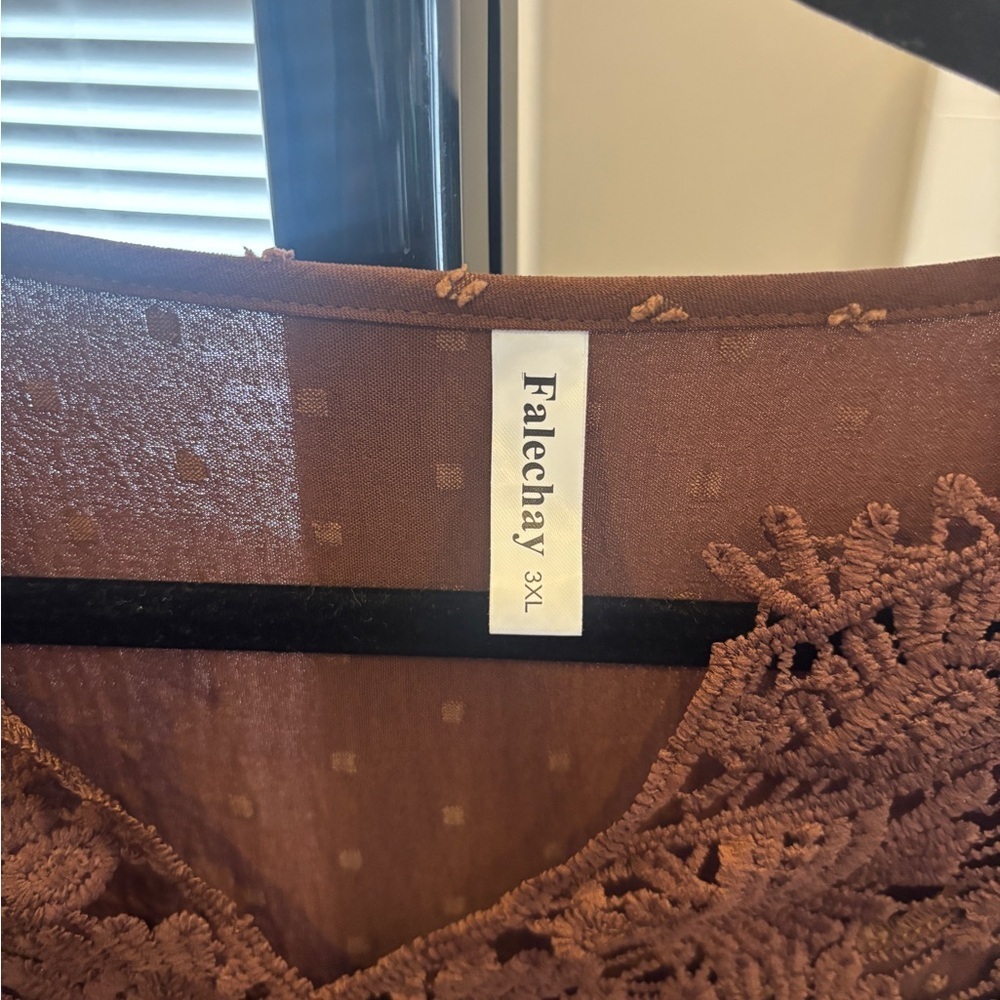 Brown Crochet Yoke Long Sleeve Blouse - Picture 2 of 5